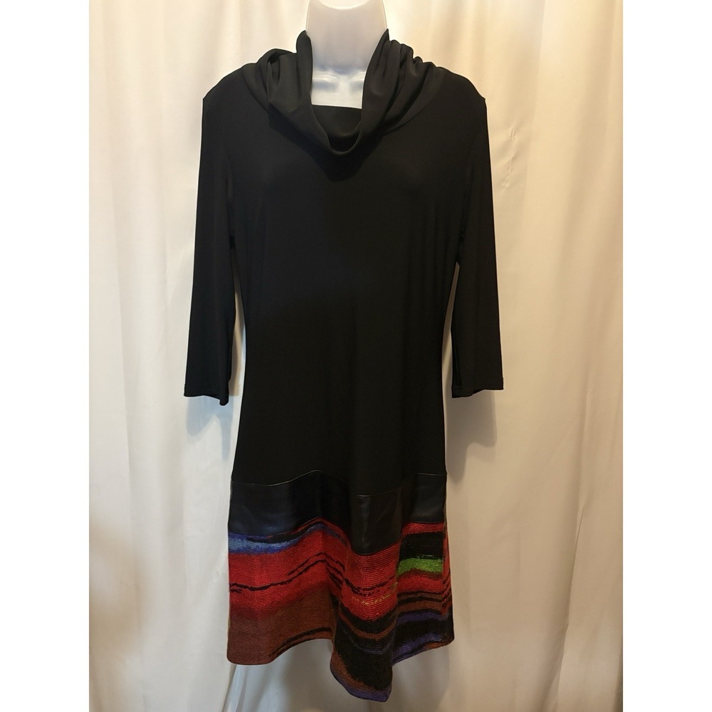 Joseph Ribkoff Black Cowlneck Dress Jersey Top Knit Multicolor Bottom Size 10